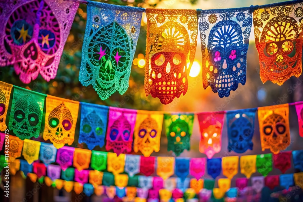 Day of the Dead Papel Picado Flags, High-Resolution Festive Skull Garland, Cinco de Mayo, Mexican Holiday Decoration Day of the Dead Papel Picado Flags, High-Resolution Festive Skull Garland, Cinco de Mayo, Mexican Holiday Decoration