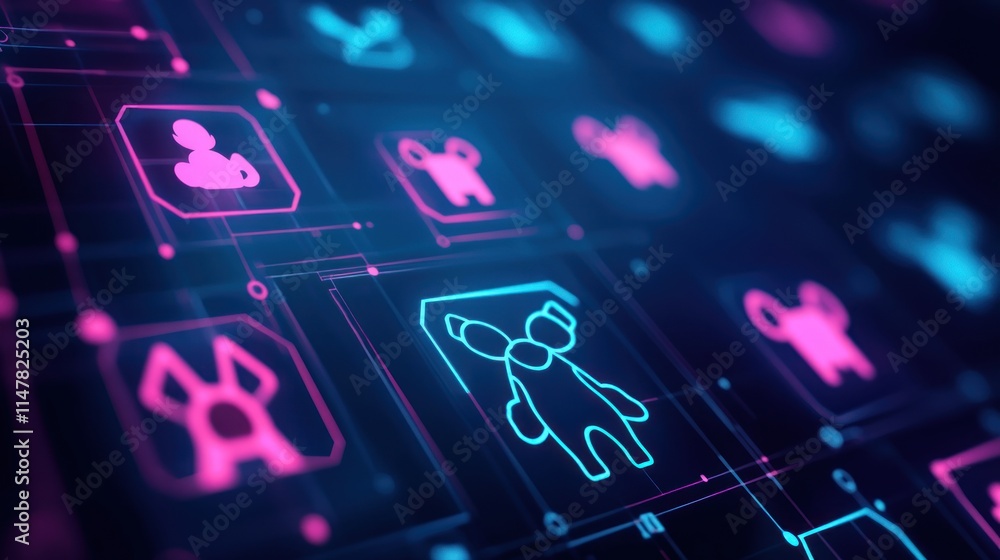 Neon network icons on digital background. Neon network icons on digital background.
