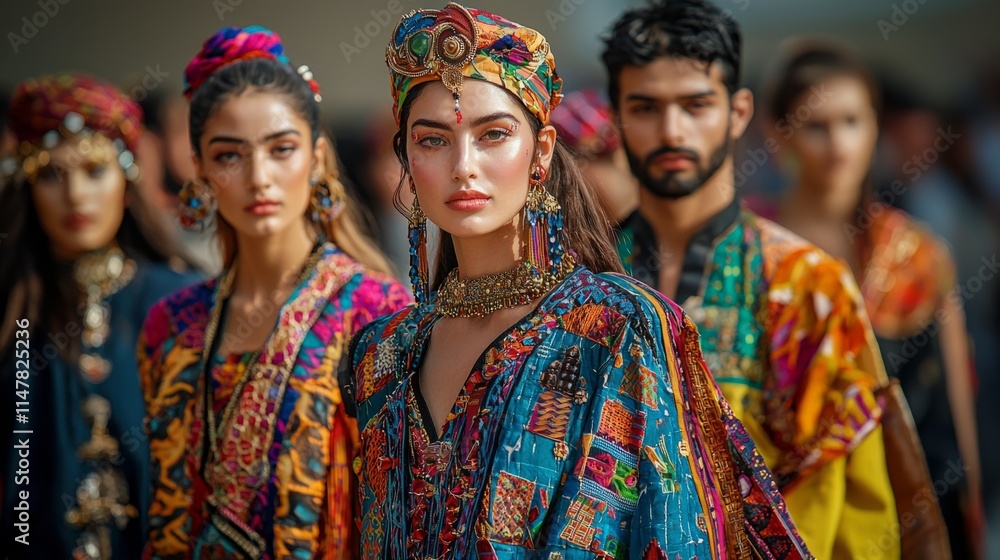 Models grace the runway adorned in vibrant, traditional outfits, celebrating cultural heritage through intricate patterns and bold colors, captivating the audience with their elegance and style Models grace the runway adorned in vibrant, traditional outfits, celebrating cultural heritage through intricate patterns and bold colors, captivating the audience with their elegance and style