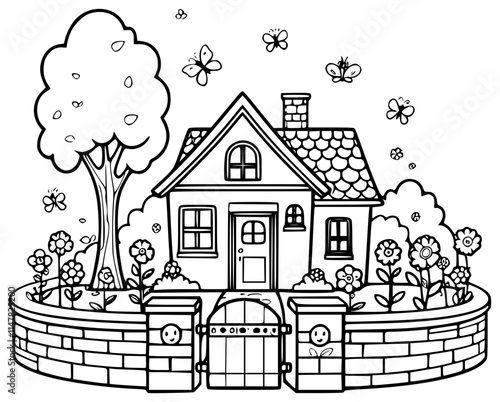 Cute house outline with fence, gate, trees, flower garden and yard for colouring purposes.	