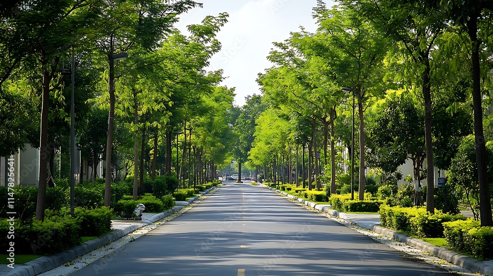 A street in a metropolitan area where newly planted trees are lined up along the sidewalks, fostering a greener, more sustainable urban environment A street in a metropolitan area where newly planted trees are lined up along the sidewalks, fostering a greener, more sustainable urban environment
