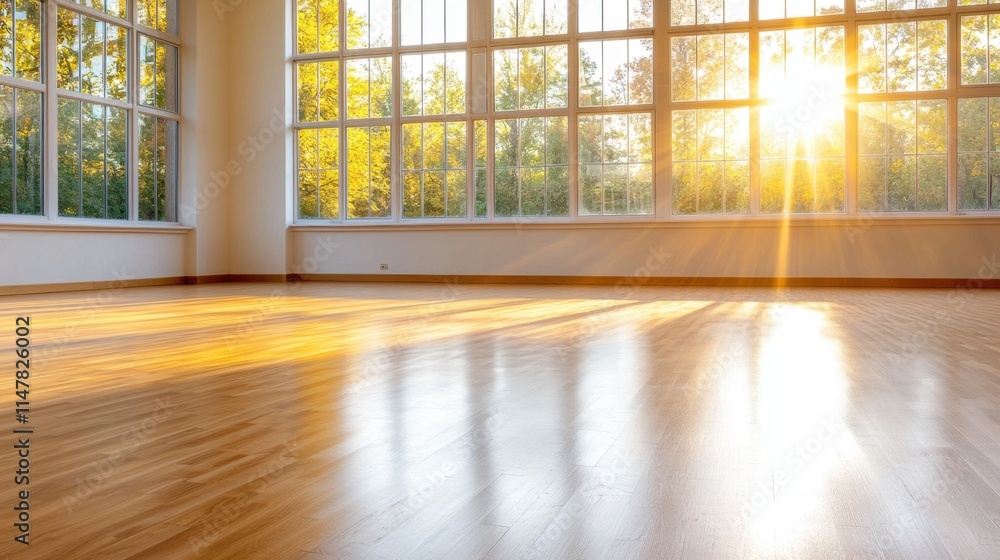 Fototapeta premium The golden glow filtering in through the windows casts a warm and inviting light over the empty classroom, creating a serene and peaceful atmosphere within the quiet space.