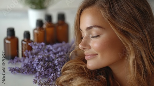 A serene woman with flowing hair beside lavender and essential oil bottles.