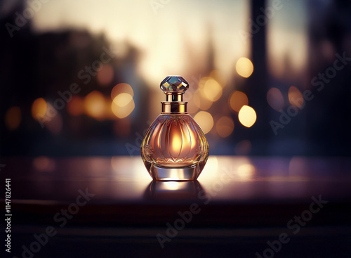 A luxurious perfume bottle sits on a dark wooden surface, illuminated by a warm, sunset glow.  The bokeh effect creates a romantic and sensual atmosphere. photo