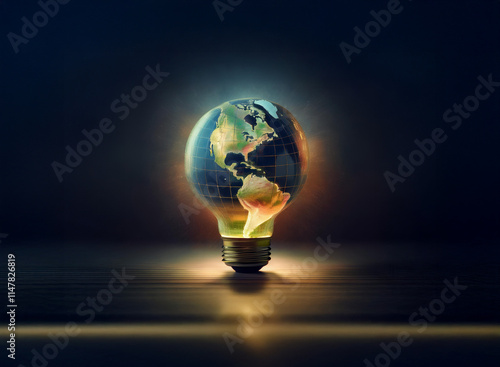 A glowing lightbulb reveals a detailed Earth within, symbolizing global energy and innovative solutions for a brighter future.  The continents are subtly highlighted, suggesting environmental awarenes photo