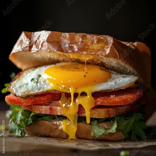 A delicious sandwich featuring layers of crispy bacon, fresh greens, and a perfectly cooked egg with a runny yolk.