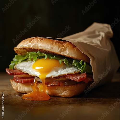 A delicious sandwich with crispy bacon, fresh lettuce, and a perfectly fried egg, oozing with golden yolk, wrapped in paper for a tempting presentation.