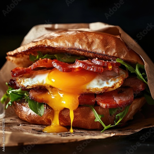 A delicious sandwich featuring crispy bacon, a fried egg, fresh greens, and a golden yolk, all sandwiched between two pieces of toasted bread.