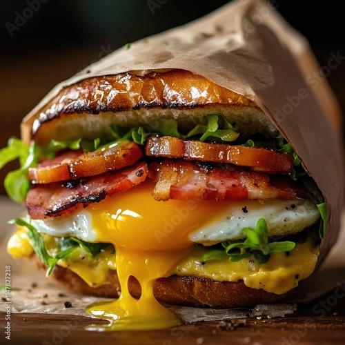 A delicious breakfast sandwich featuring crispy bacon, a runny egg, fresh lettuce, and a toasted bun, all wrapped in paper for a perfect on-the-go meal.