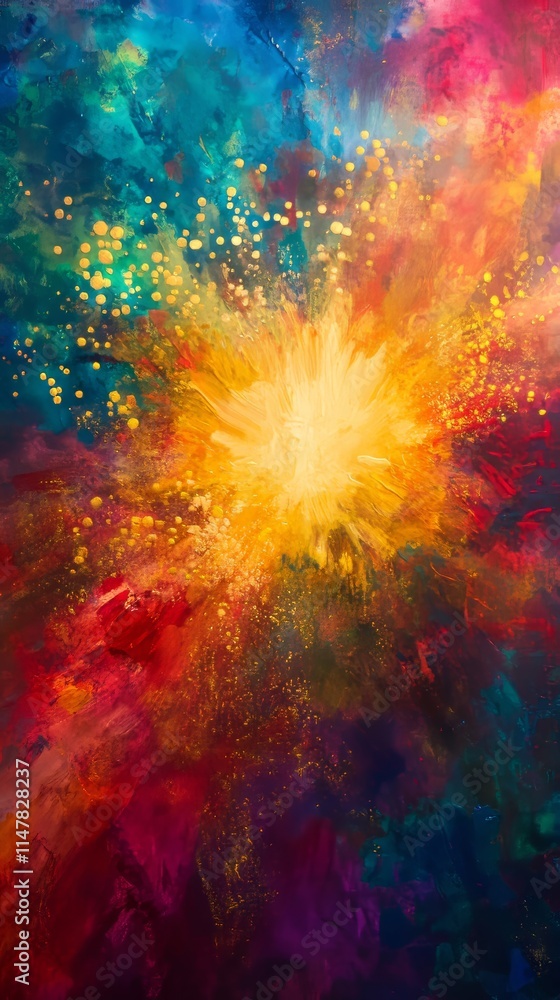A dynamic and vibrant abstract painting featuring an explosion of light and energy with a mix of bold colors and textures. A dynamic and vibrant abstract painting featuring an explosion of light and energy with a mix of bold colors and textures.
