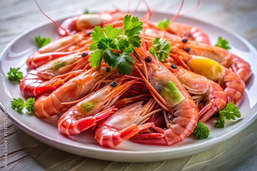 Delicious Pink Prawns on White Plate: High-Resolution Seafood Photography Delicious Pink Prawns on White Plate: High-Resolution Seafood Photography