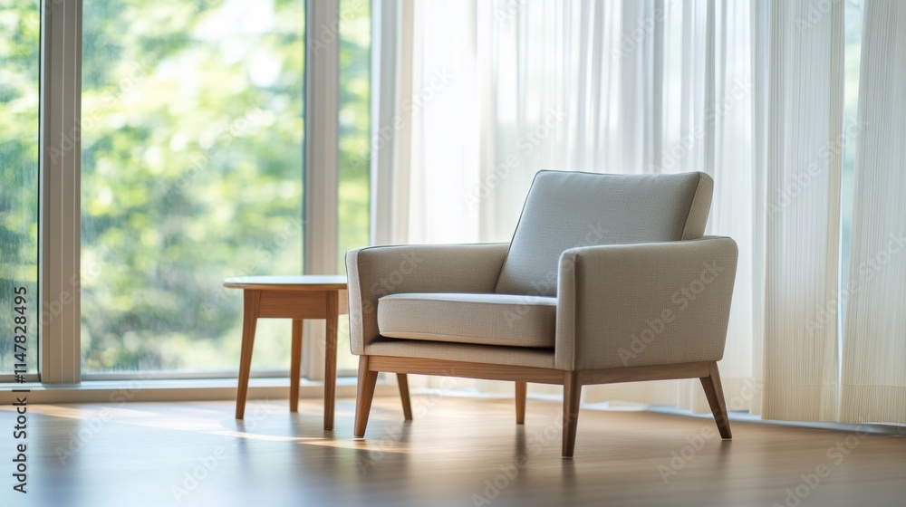 Fototapeta premium Minimalist modern lounge with clean, elegant design. Featuring sleek furnishings and neutral colors