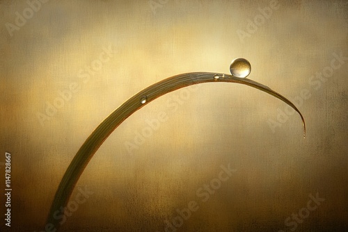 single dew droplet resting on curved blade of grass under soft directional light photo