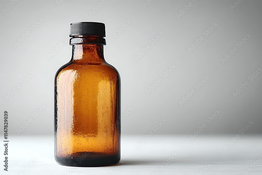 Amber Glass Bottle with Black Cap on a Plain Background Amber Glass Bottle with Black Cap on a Plain Background
