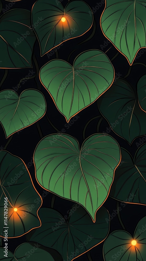 Fototapeta premium Glowing Heart-Shaped Leaves on Dark Background: Nature's Luminous Patterns