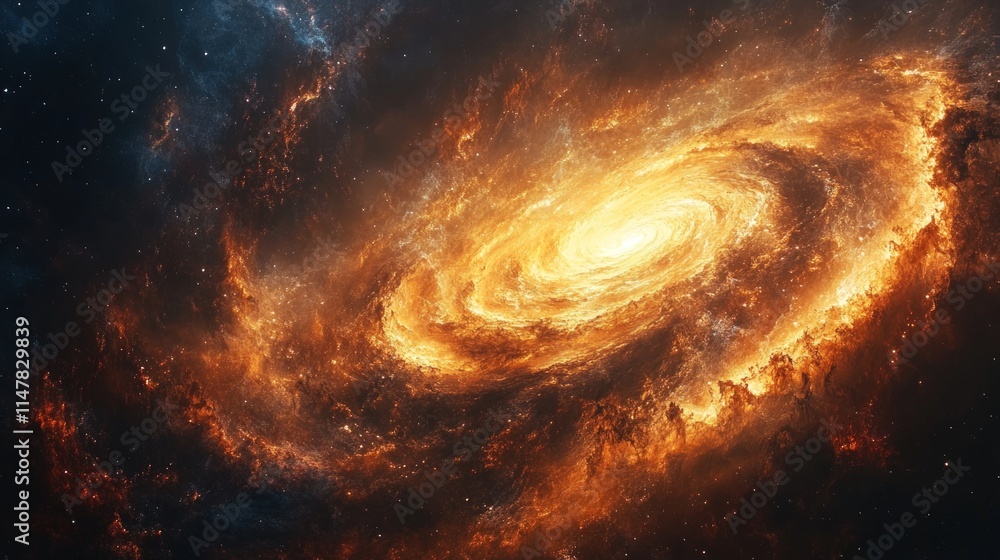 Fiery swirling galaxy, cosmic dust, bright center. Fiery swirling galaxy, cosmic dust, bright center.