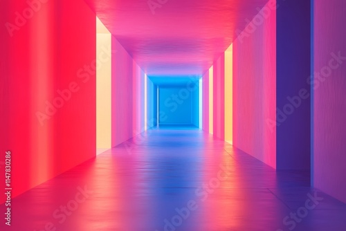 A visually striking corridor illuminated with vibrant neon lights, showcasing a futuristic and modern architectural design.