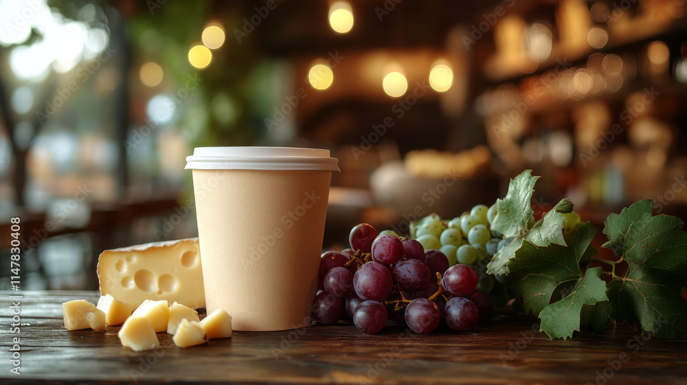 A tan disposable cup sits on a wooden table next to cheese and grapes. The background is blurred, showing a cafe interior. A tan disposable cup sits on a wooden table next to cheese and grapes. The background is blurred, showing a cafe interior.