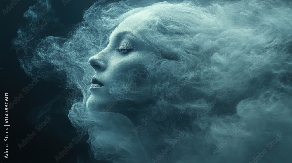 Ethereal woman, smoke, serene, ghostly visage. Ethereal woman, smoke, serene, ghostly visage.