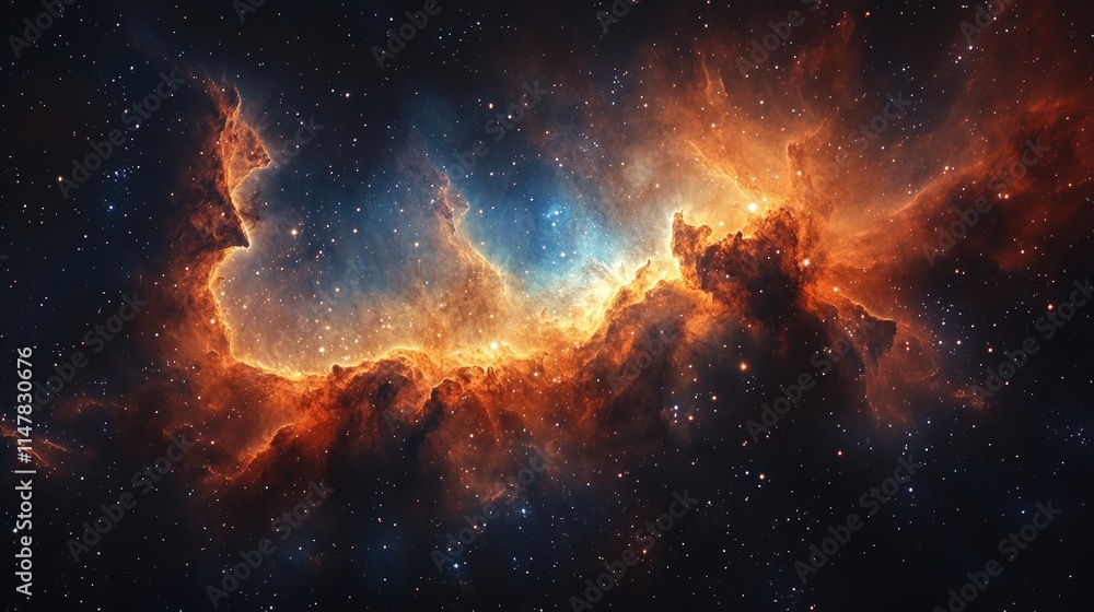 Fototapeta premium Cosmic nebula, fiery orange, blue hues, scattered stars.