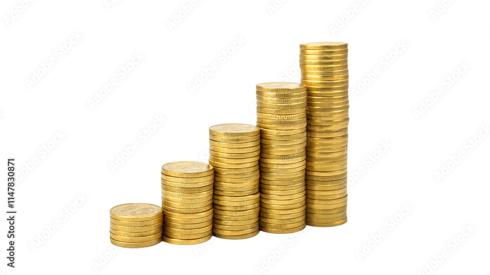 Stacks of golden coins money growth concept isolated on a transparent background Stacks of golden coins money growth concept isolated on a transparent background
