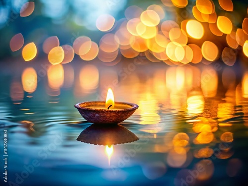 Diwali Diya Floating Water Reflection - Tilt-Shift Stock Photo photo