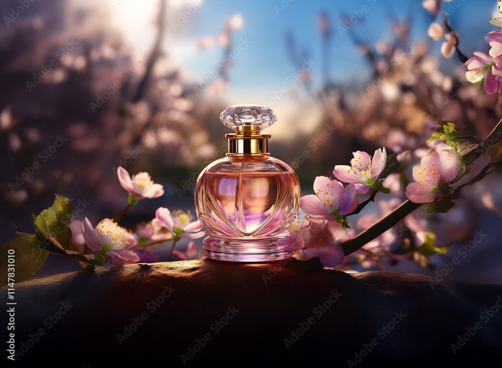 A heart-shaped perfume bottle rests on a stone amidst blossoming pink flowers, bathed in warm sunlight. The scene evokes springtime freshness and delicate fragrance. A heart-shaped perfume bottle rests on a stone amidst blossoming pink flowers, bathed in warm sunlight. The scene evokes springtime freshness and delicate fragrance.