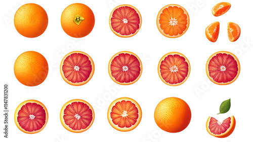 Vibrant Red Oranges Whole, Halved, and Sliced Citrus Fruit