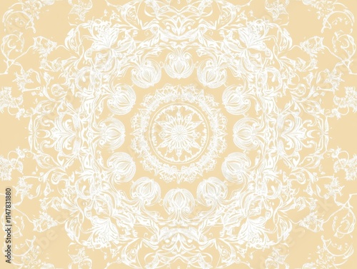 Elegant White Mandala on Soft Peach Background Ornate Floral Design photo