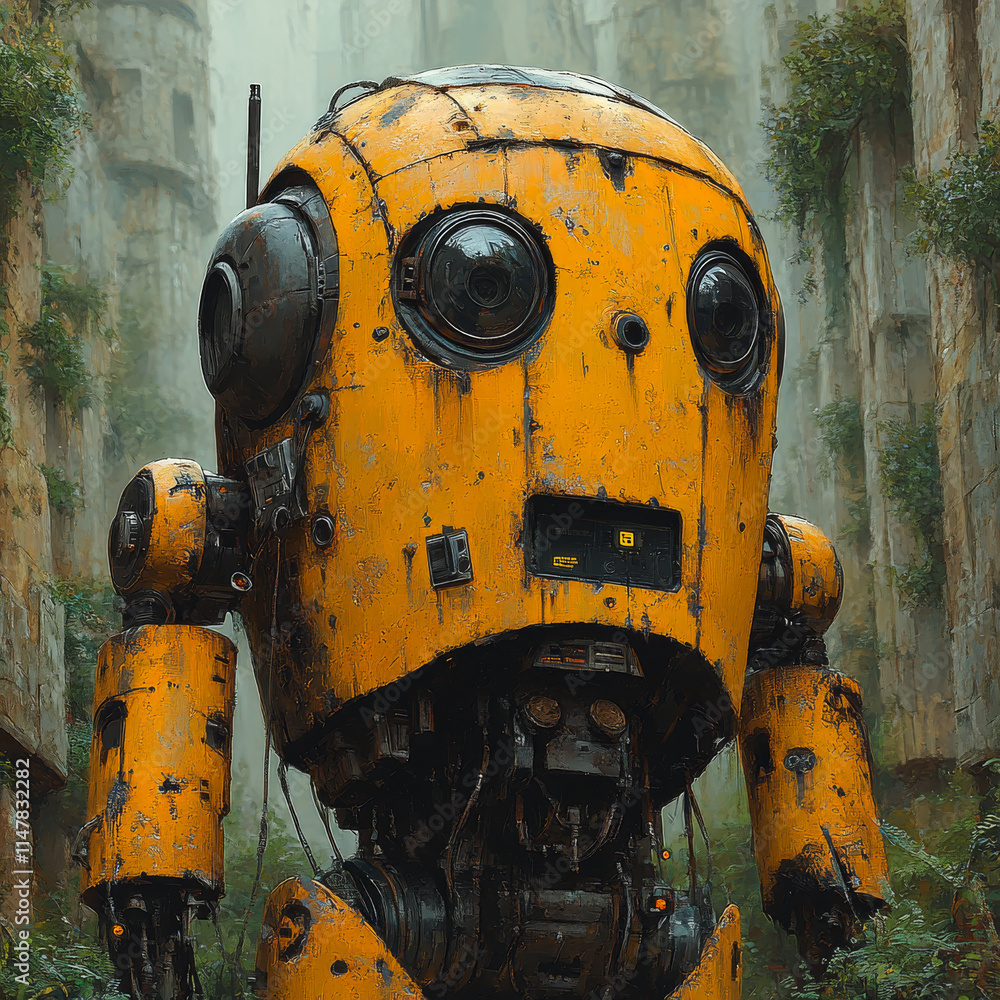 A yellow robot with a face and a head. The robot is in a forest. The robot is old and rusty A yellow robot with a face and a head. The robot is in a forest. The robot is old and rusty