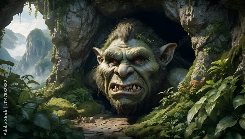 Enraged Mountain Troll Emerging from its Lair in a Lush Jungle Setting Enraged Mountain Troll Emerging from its Lair in a Lush Jungle Setting