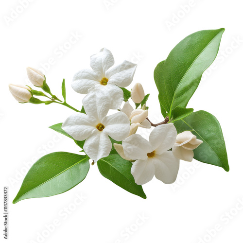 White jasmine flowers with green leaves, isolated on transparent background