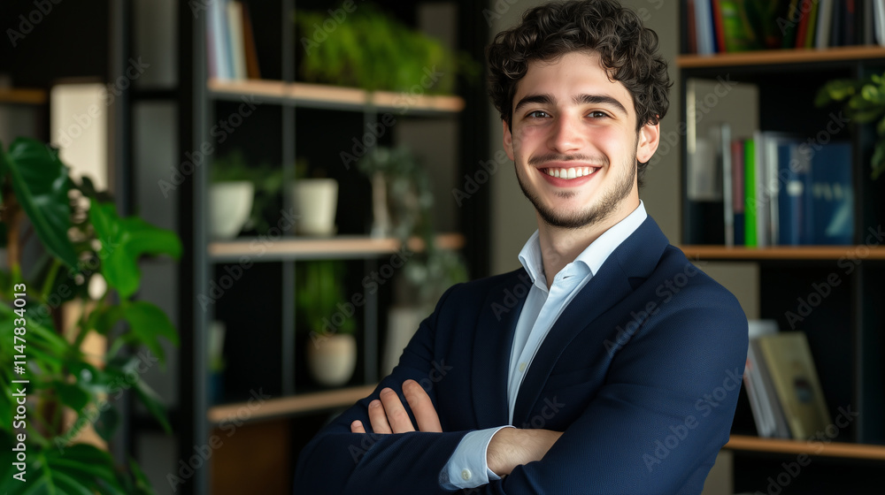 Fototapeta premium Confident Young Man in Business Suit Smiling in Modern Office with Green Plants