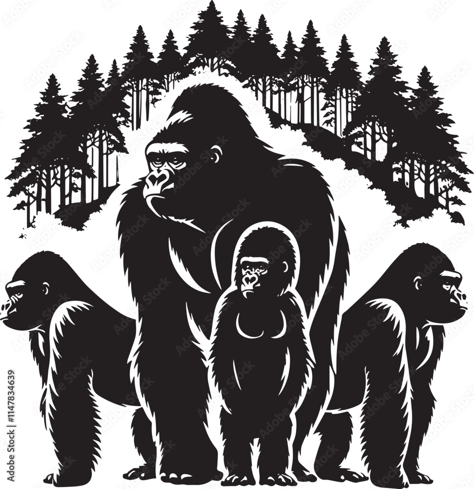 Vector Majestic family of gorillas silhouette with trees in the background on white background Vector Majestic family of gorillas silhouette with trees in the background on white background