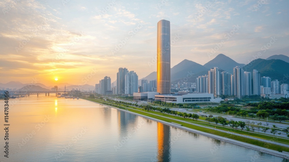 Fototapeta premium The structure stands tall as a symbol of modernity and innovation, with its sleek design and cutting edge technology setting it apart from the traditional architecture of the city.