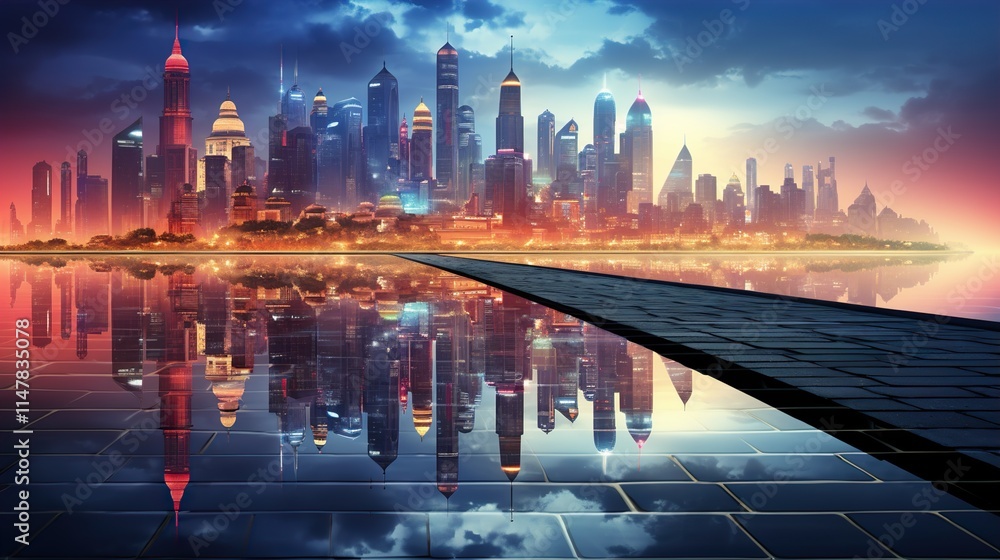 Fototapeta premium Rendering of neon megacity with reflections from puddles on street heading to buildings 