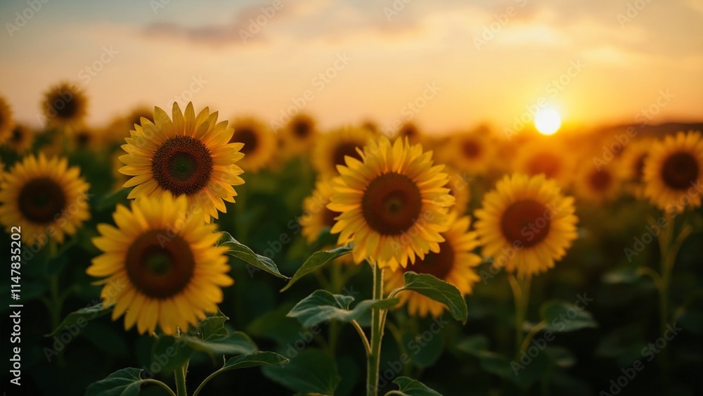 Fototapeta premium A vast field of sunflowers, their vibrant yellow petals glowing in the warm embrace of the golden hour