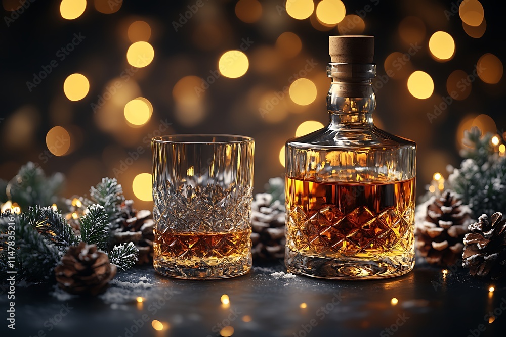 Festive Whisky or Brandy: Elegant Drinkware on a Dark Surface with Holiday Decor Festive Whisky or Brandy: Elegant Drinkware on a Dark Surface with Holiday Decor