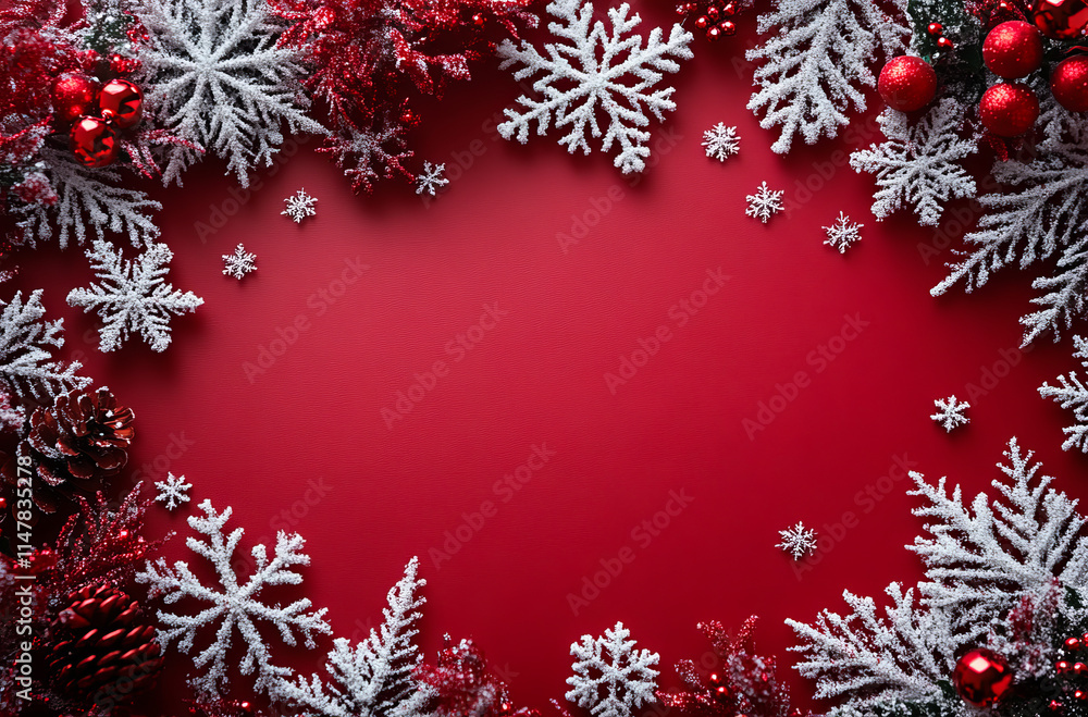 A red background with white snowflakes and red and white ornaments. The snowflakes are arranged in a circle around the red background, creating a festive and cheerful atmosphere A red background with white snowflakes and red and white ornaments. The snowflakes are arranged in a circle around the red background, creating a festive and cheerful atmosphere