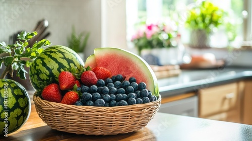 Wallpaper Mural Fresh and Vibrant Fruit Basket with Watermelon and Berries Torontodigital.ca
