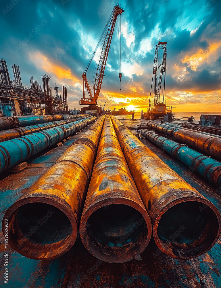 A construction site with a crane and a bunch of pipes. The sky is orange and the sun is setting A construction site with a crane and a bunch of pipes. The sky is orange and the sun is setting