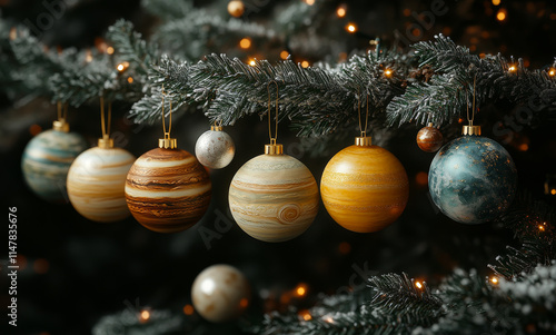 A string of Christmas ornaments hanging from a tree, including a yellow one that says Jupiter photo