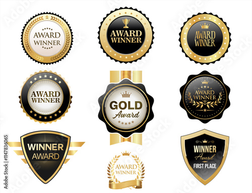 Award winner gold and black emblem and badges isolated on white background 