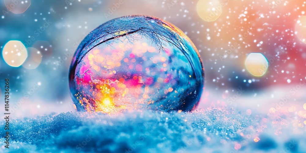 A mesmerizing macro photograph of a crystal ball resting on snow, surrounded by vibrant bokeh lights, creating a magical winter scene. A mesmerizing macro photograph of a crystal ball resting on snow, surrounded by vibrant bokeh lights, creating a magical winter scene.