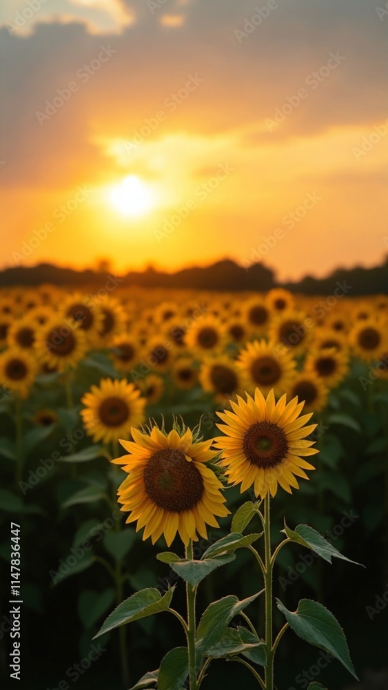 Fototapeta premium A vast field of sunflowers, their vibrant yellow petals glowing in the warm embrace of the golden hour