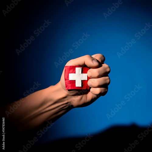Wallpaper Mural Close-Up of Hand Gripping First Aid Kit with Red Cross Symbol – Medical Supplies and Emergency Preparedness Concept Against a Blue Background Torontodigital.ca