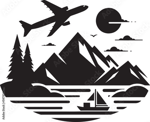 Airplane over mountains, sea, and sailboat.