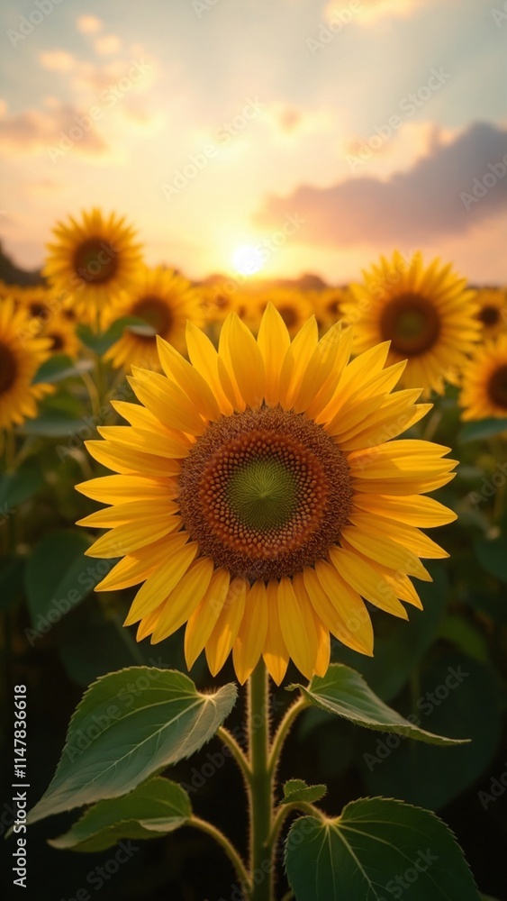 Fototapeta premium A vast field of sunflowers, their vibrant yellow petals glowing in the warm embrace of the golden hour