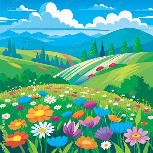 Summer landscape with fluffy clouds