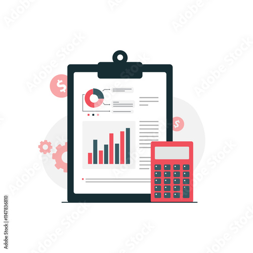 Clipboard with Income Statement and Calculator Vector Illustration. Financial Statement Concept Design